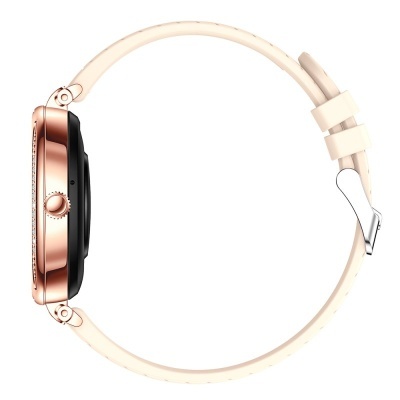 Relógio com pulseira creme e caixa rosé dourado visto de lado