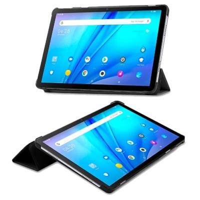 Tablet azul com capa preta a suportá-lo em dois ângulos diferentes