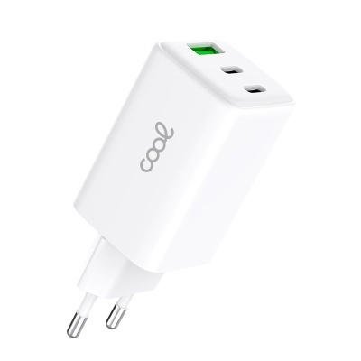 Carregador de Rede Universal Triplo (PD) 2 x Tipo-C + USB COOL (GaN 65 W) Branco