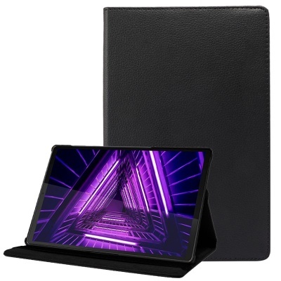 Tablet com capa protetora preta, ecrã com padrão geométrico roxo