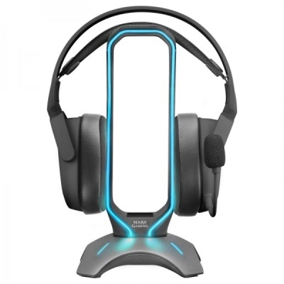 Auriculares gaming pretos com microfone em suporte iluminado azul