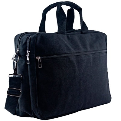 Saco preto de tecido com alças e fechos prateados