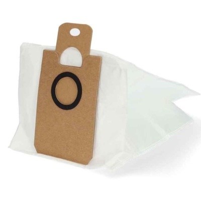 Sacos brancos transparentes para aspirador com etiqueta de cartão castanho e oval preta