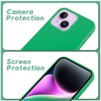 Capa verde para telemóvel com texto 'Camera Protection' e 'Screen Protection'
