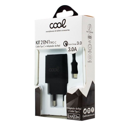 Cool | Carregador de rede com conector tipo C universal de 3 Amps COOL Kit 2 em 1 preto