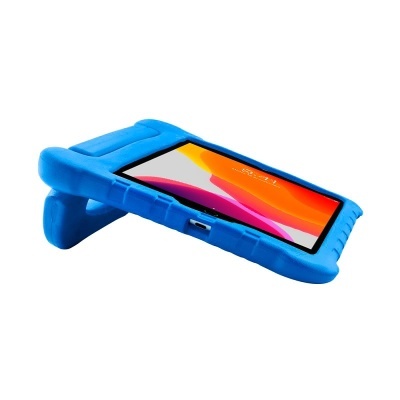 Tablet com capa protetora azul com suporte e porta USB