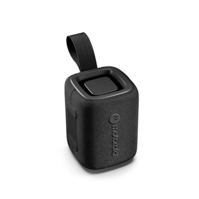 Coluna portátil preta com textura em malha e fita para pendurar