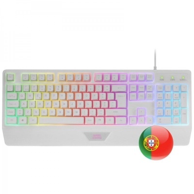 Teclado branco com iluminação RGB e layout português com bandeira de Portugal