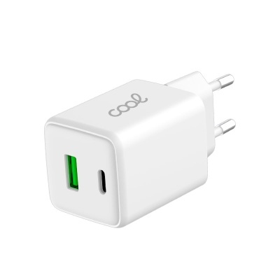 Carregador de rede Universal Ultra Fast Charger Duplo (PD) Tipo-C + USB COOL (45W) GaN Branco