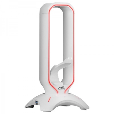 Suporte para auscultadores Mars Gaming MHHX 2 em 1 - Iluminação RGB Flow - 2 portas USB 2.0 - Branco