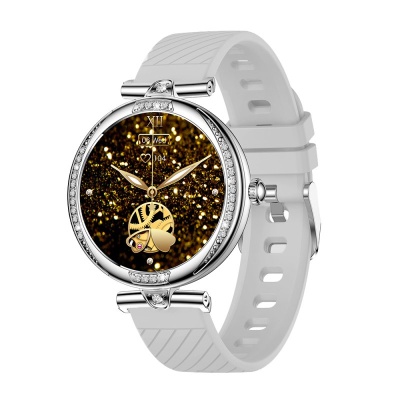 Relógio feminino com bracelete branca e mostrador dourado brilhante com pedras