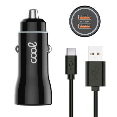 Carregador de Carro COOL 2 em 1 – 2x USB + Cabo Tipo-C | Carregamento Rápido em Movimento