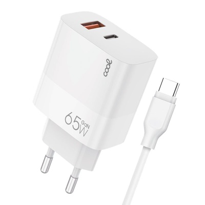 Cool | Carregador Universal Ultra Fast PD Tipo-C + USB COOL (65W + Cable Tipo-C) GaN Branco