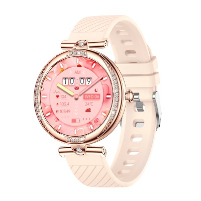 Relógio inteligente rosa com caixa dourada e mostrador digital