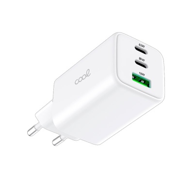 Carregador de Rede Universal Triplo (PD) 2 x Tipo-C + USB COOL (GaN 65 W) Branco
