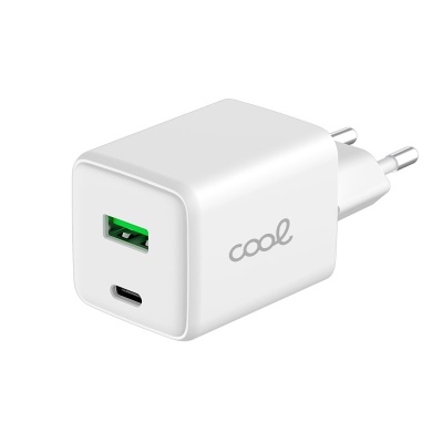 Carregador de rede Universal Ultra Fast Charger Duplo (PD) Tipo-C + USB COOL (45W) GaN Branco