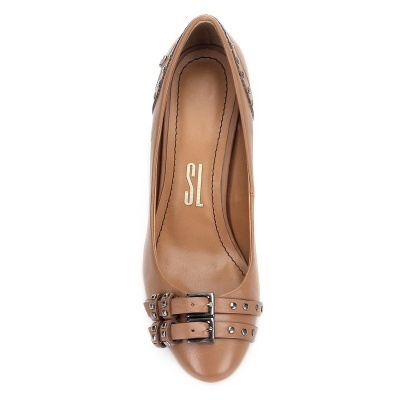 Scarpin Couro Santa Lolla Salto Médio Fivelas Spikes- Bege