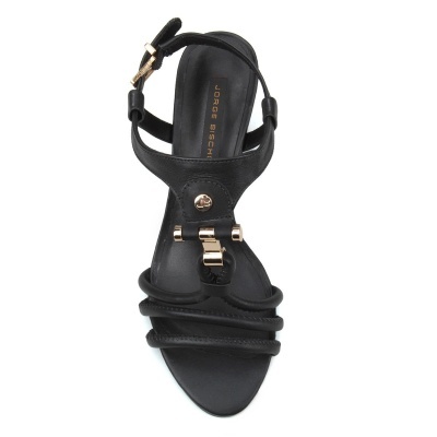Sandália Couro Jorge Bischoff Salto Grosso Tiras Metal Feminina - Preto
