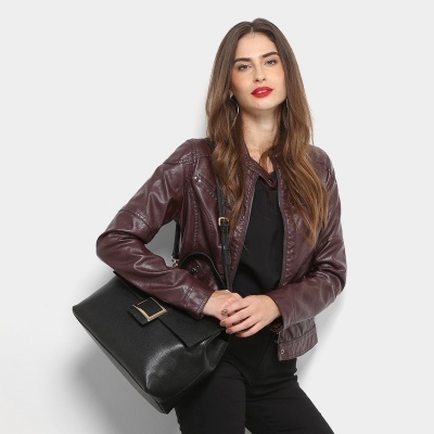 Bolsa Couro Luz da Lua Estruturada Fivela Feminina - Preto