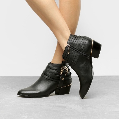 Bota Cano Curto Couro Jorge Bischoff Fivela Salto Grosso - Preto