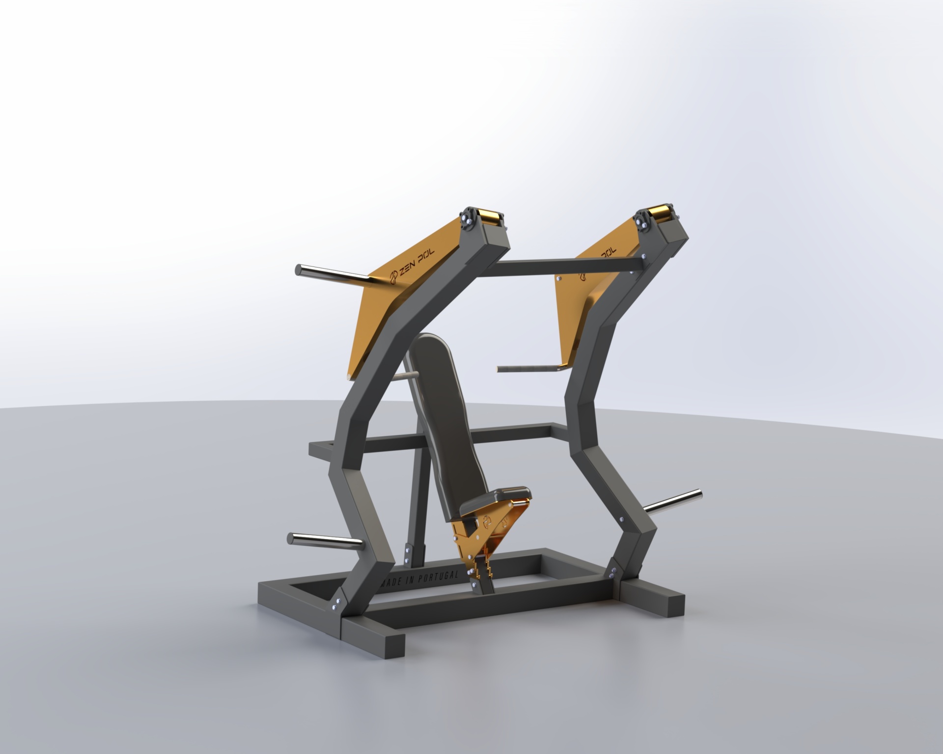 Máquina de ginásio metálica cinza com detalhes amarelos e assento preto em fundo cinza claro