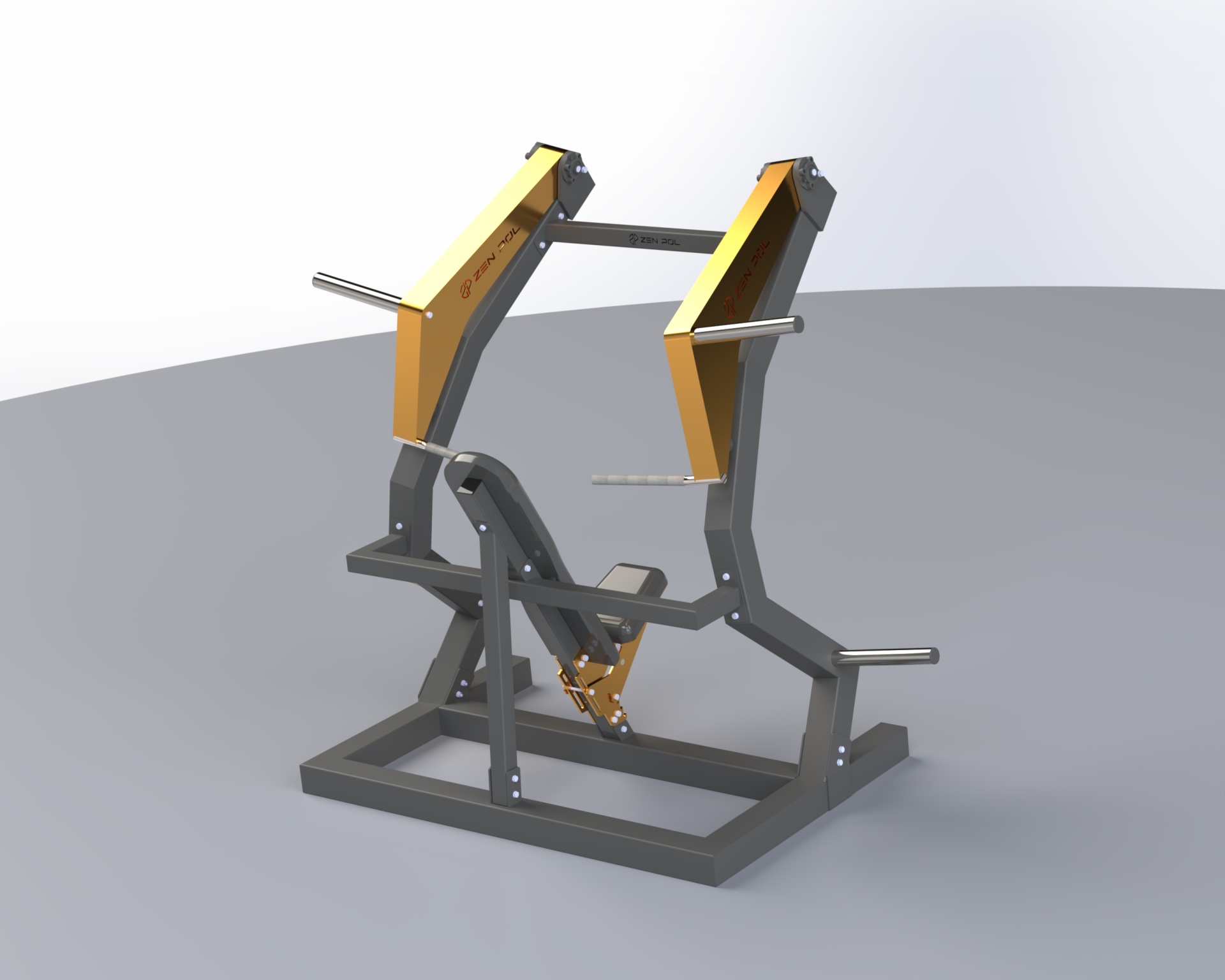 Máquina de exercício cinzenta e amarela com texto ZEN POOL