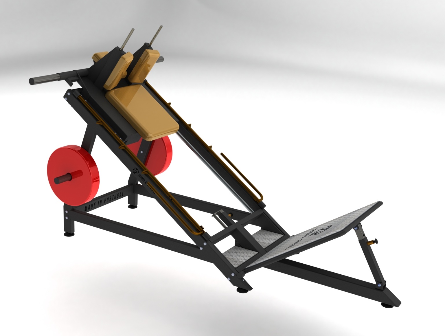 Equipamento de ginástica para treino de pernas com almofadas castanhas e discos vermelhos.