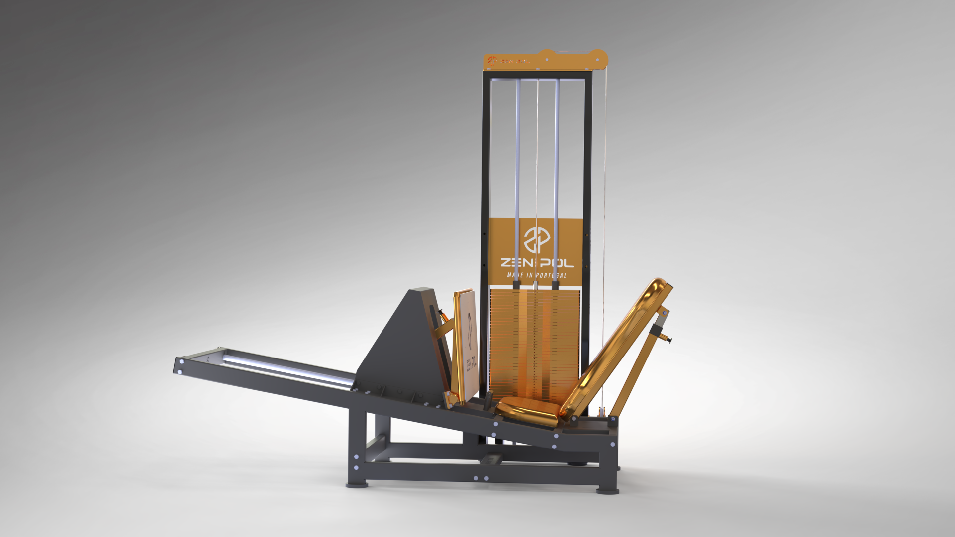 Máquina de exercício para pernas metálica cinzenta com almofadas douradas e logotipo ZEN POL