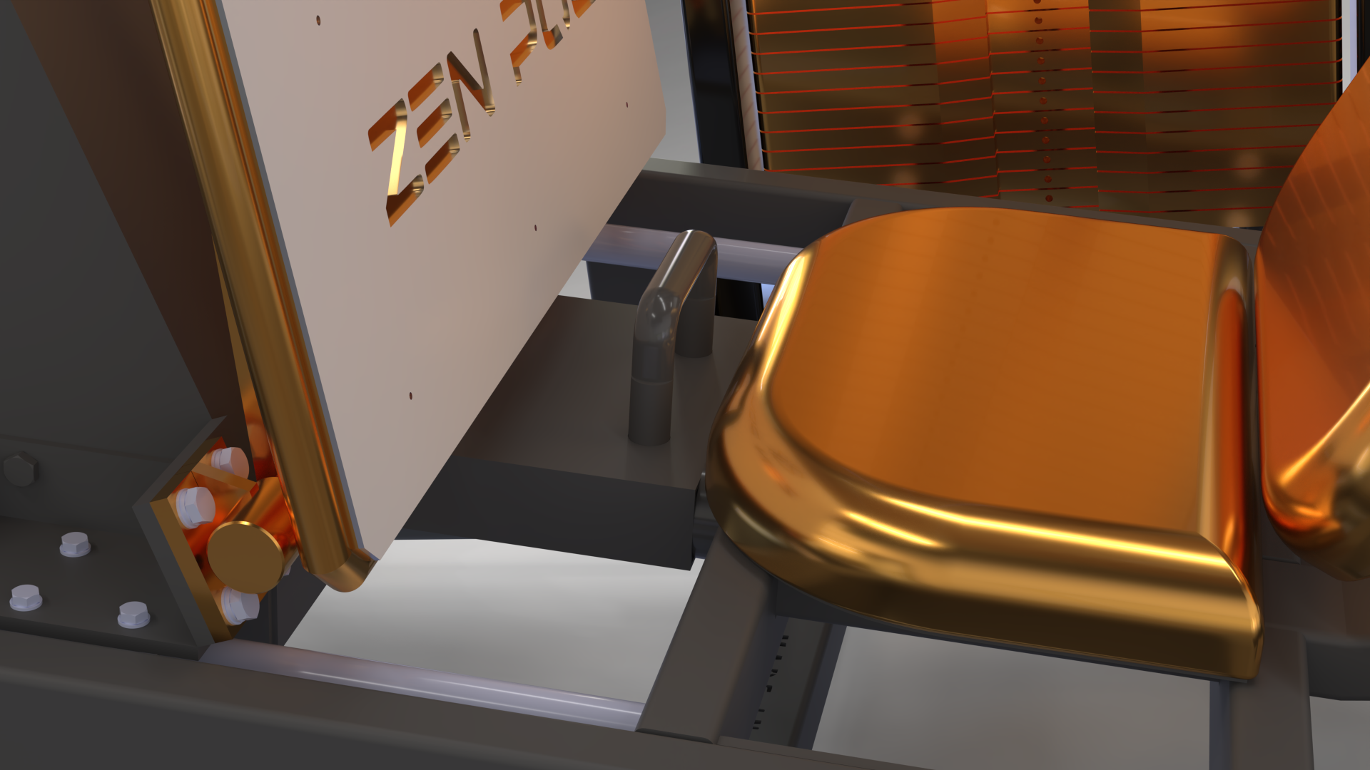 Cadeira metálica com assento dourado e painel branco com texto recortado