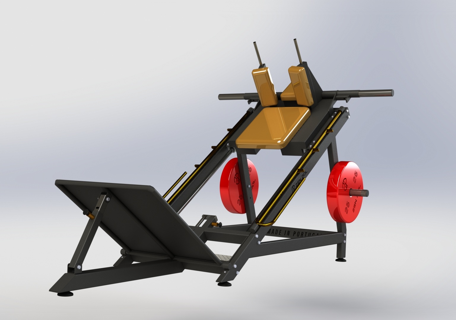 Equipamento de ginásio para pernas com almofadado castanho e discos vermelhos.