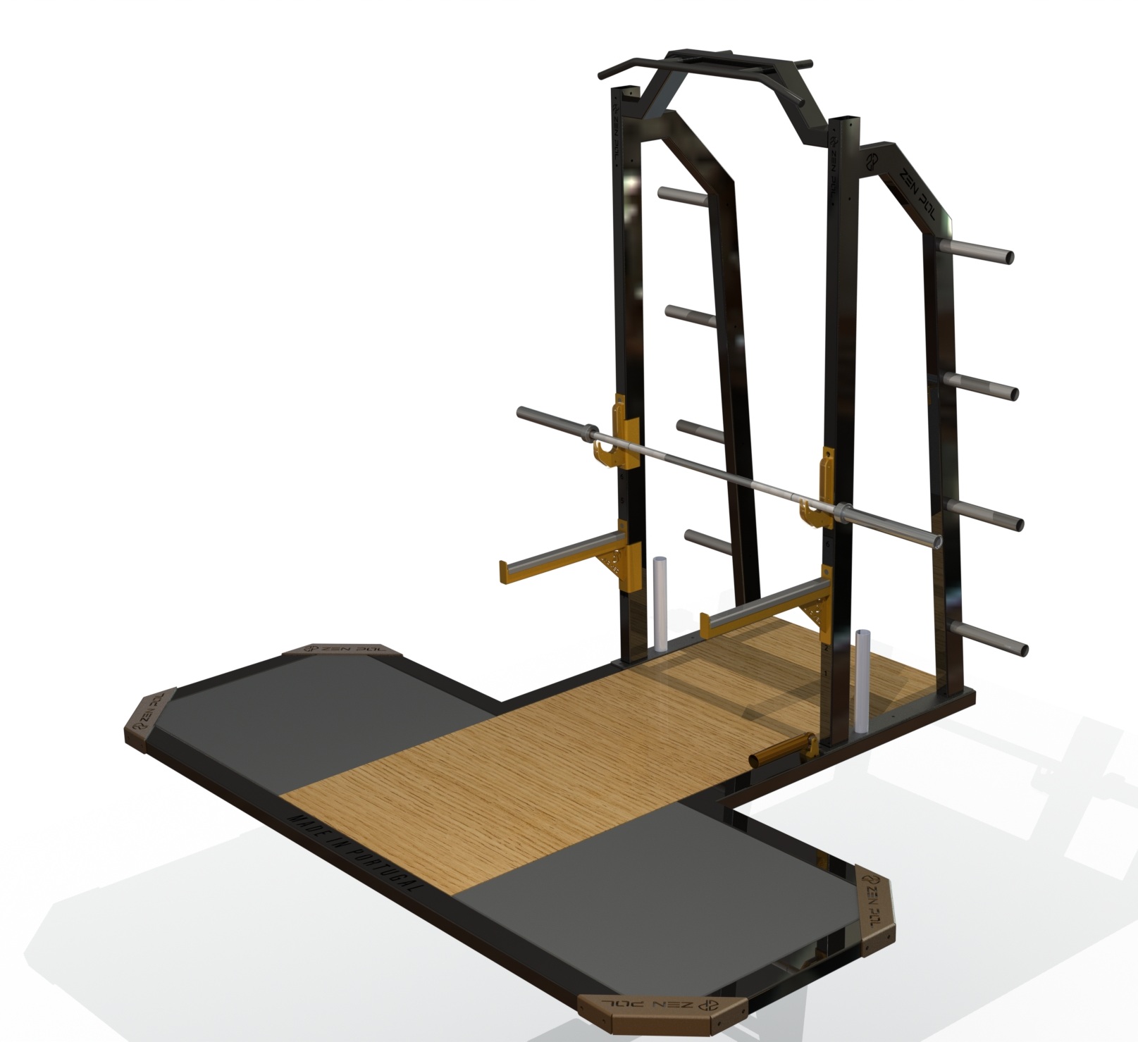 Equipamento de ginásio preto com barra cromada e plataforma de madeira