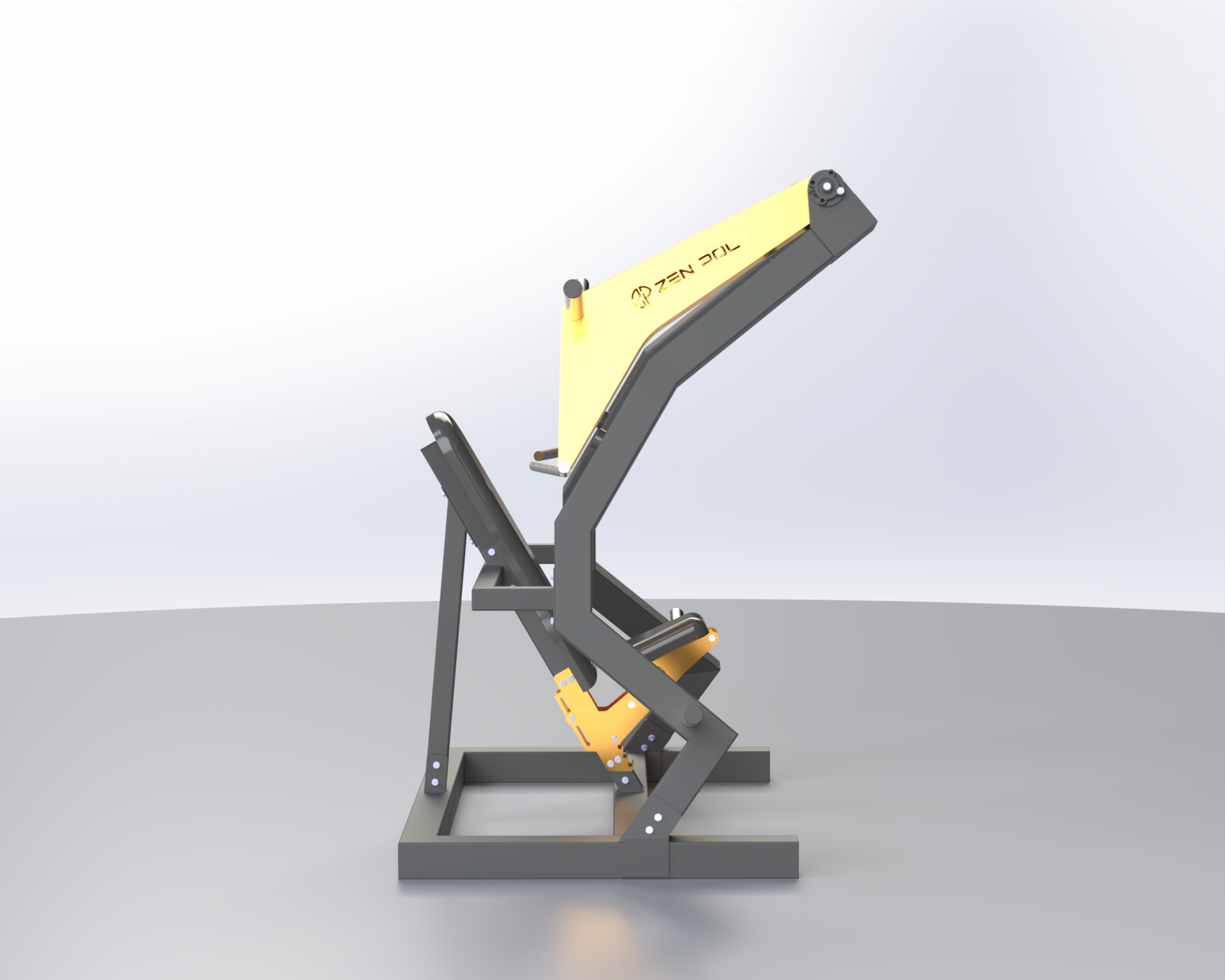 Máquina de fitness metálica cinza e amarela com assento e apoio ajustáveis