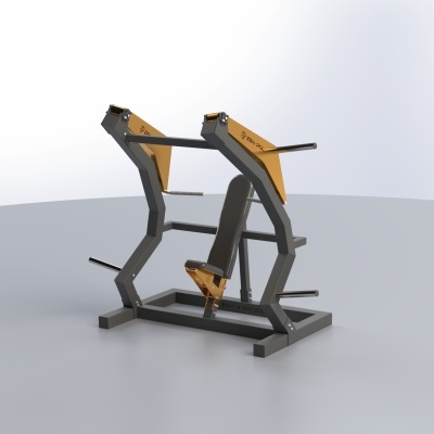 Equipamento de ginásio metálico com assento e suportes amarelos