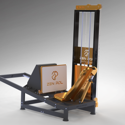 Equipamento de ginásio metálico preto e dourado com assento acolchoado e pesos.