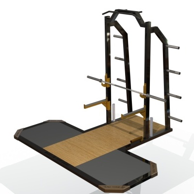 Equipamento de ginásio preto com barra cromada e plataforma de madeira