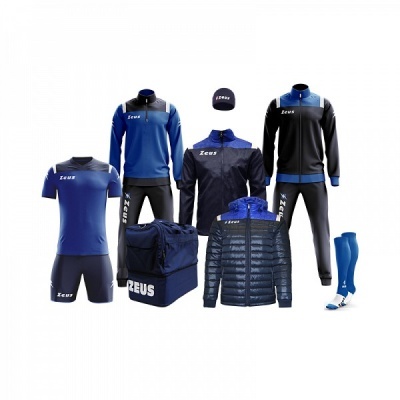 Conjunto de roupa desportiva azul e preta da marca Zeus com diversos itens