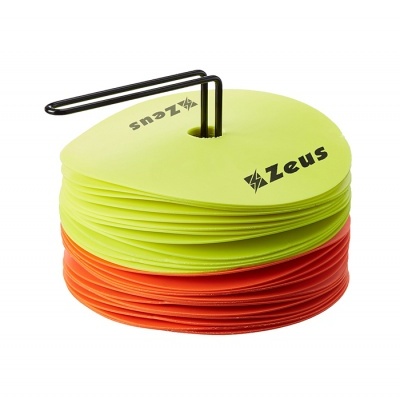 Discos de treino Zeus empilhados em amarelo fluorescente e laranja