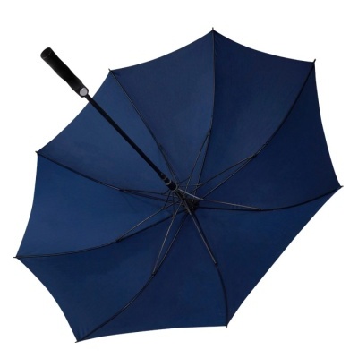 Guarda-chuva azul escuro aberto com estrutura preta