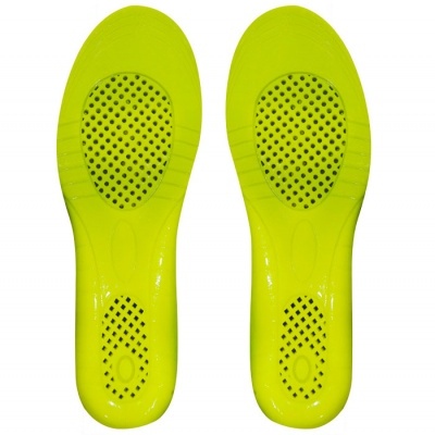 Palmilhas verdes fluorescentes com perfurações em fundo branco