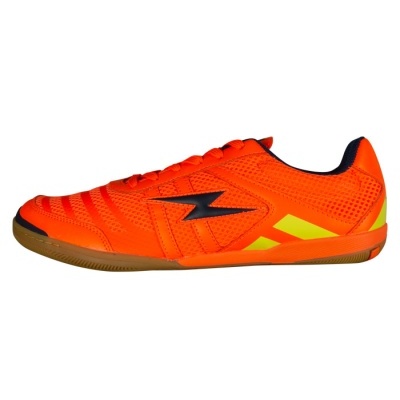 Sapatilha desportiva indoor laranja com detalhes amarelos e preto