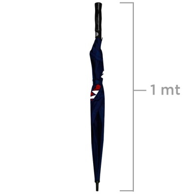 Guarda-chuva azul escuro fechado com padrão triangular e cabo preto