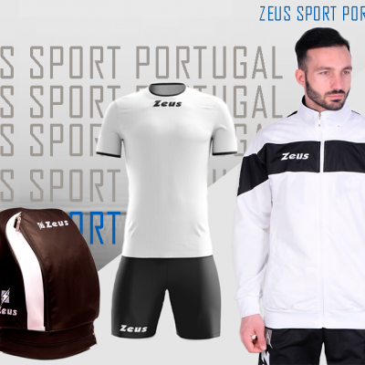 Conjunto de roupa desportiva Zeus Sport Portugal em branco, preto e marrom