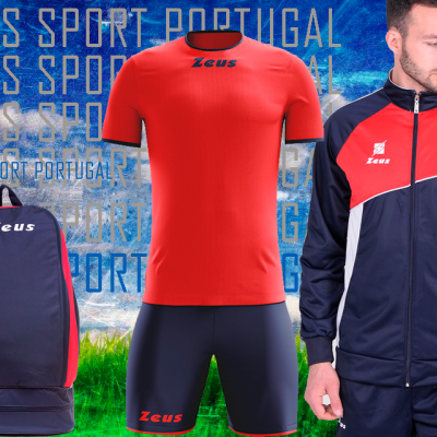 Conjunto de roupa e mochila desportiva da marca Zeus com cores vermelho, azul escuro e branco