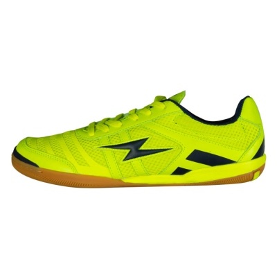 Ténis desportivo amarelo-fluorescente com sola castanha e detalhes pretos